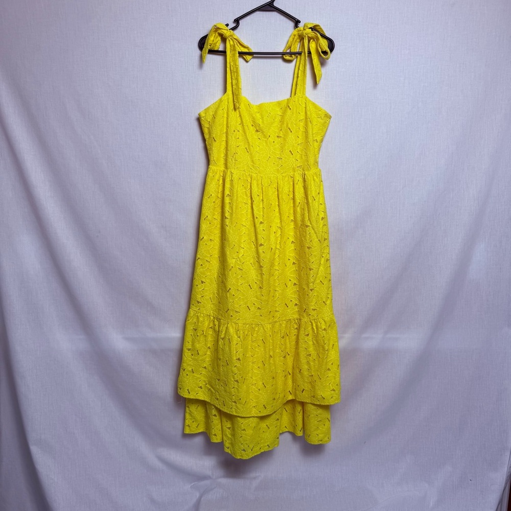 Flying Tomato Yellow Eyelet Lace MidiDress Women Size L Tie Shoulder Tiered Boho